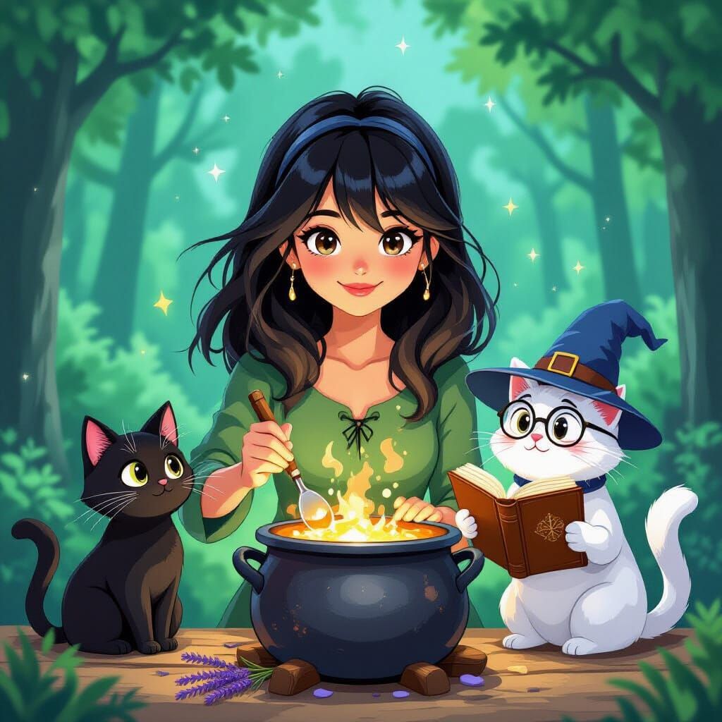 Whimsical Cartoon Witch Stirring Cauldron in Forest