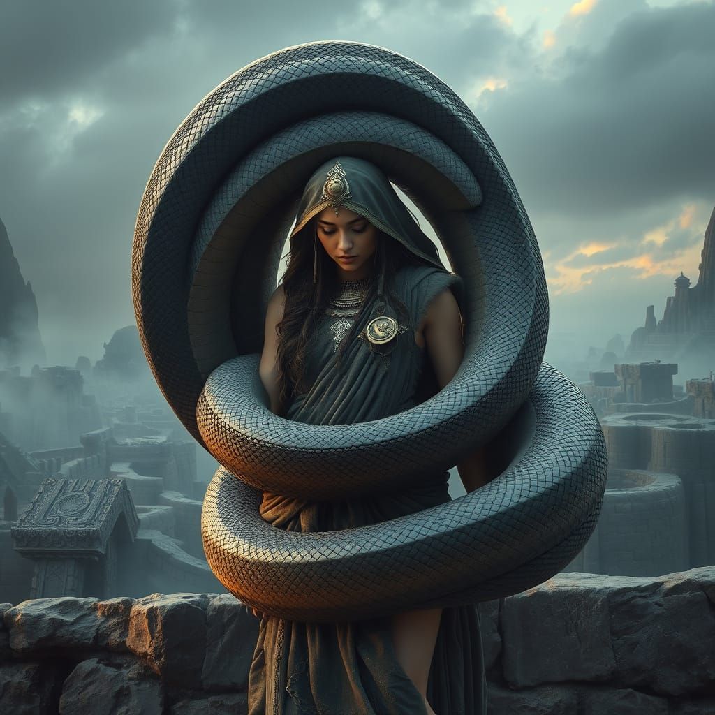 Woman in Snake Coils: Digital Art with Epic Detail