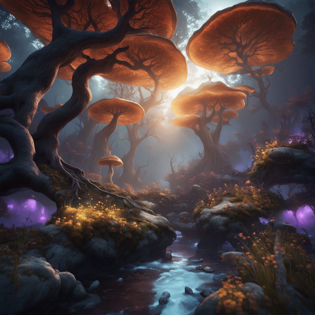 Surreal Moonlit Mushroom Forest in Unreal Engine 5 Style