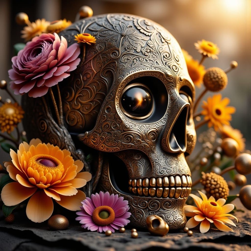 Shiny Copper Sugar Skull with Intricate Patterns and Flowers
