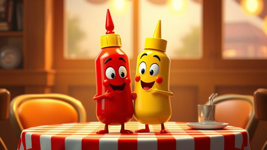 Adorable Cartoon Ketchup and Mustard Bottles in Joyful Embra...
