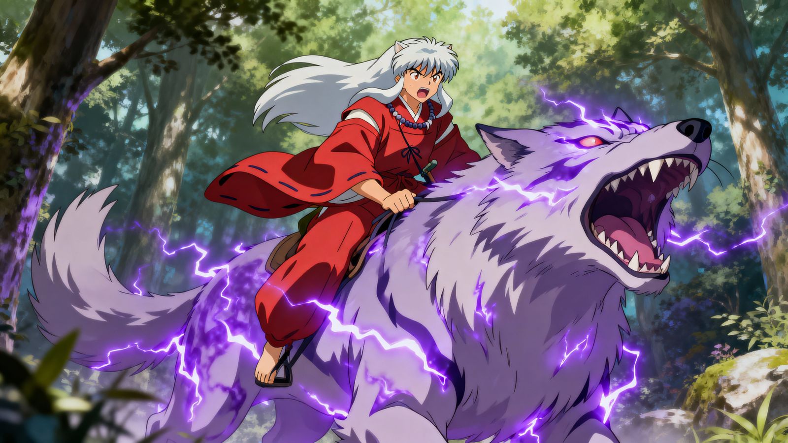 Enraged Inuyasha Rides Giant Demon Wolf with Purple Aura