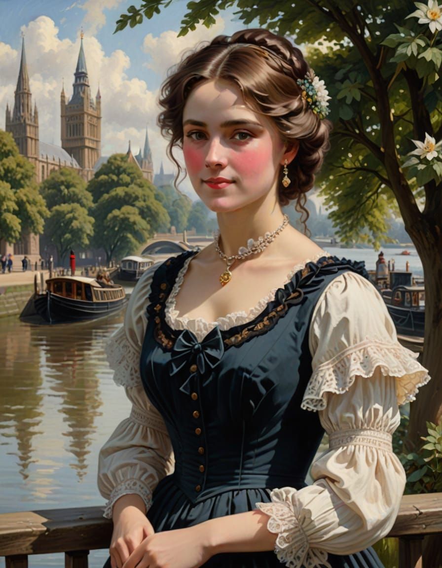 Elegant Victorian Lady on the Banks of the Thames