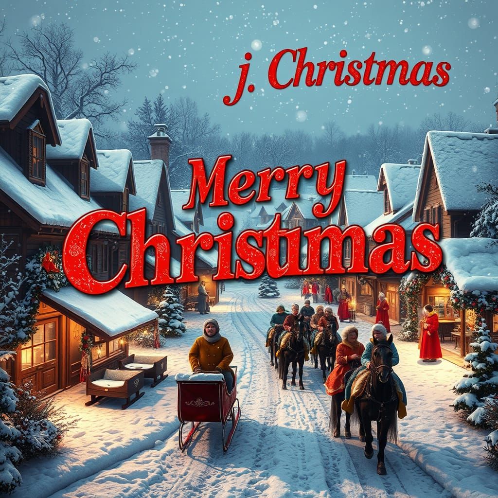 Vintage Winter Wonderland Scene with Carolers and Horse-Draw...