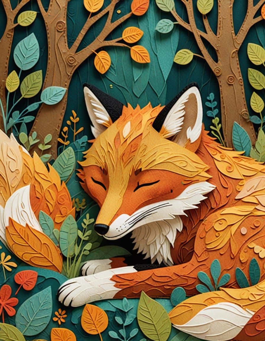 Sleeping Fox in Forest: Felt Collage Illustration