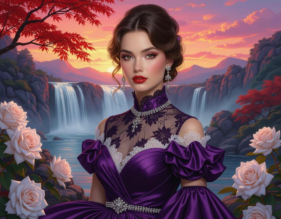 Elegant Woman in Purple Gown Amidst Roses and Waterfall