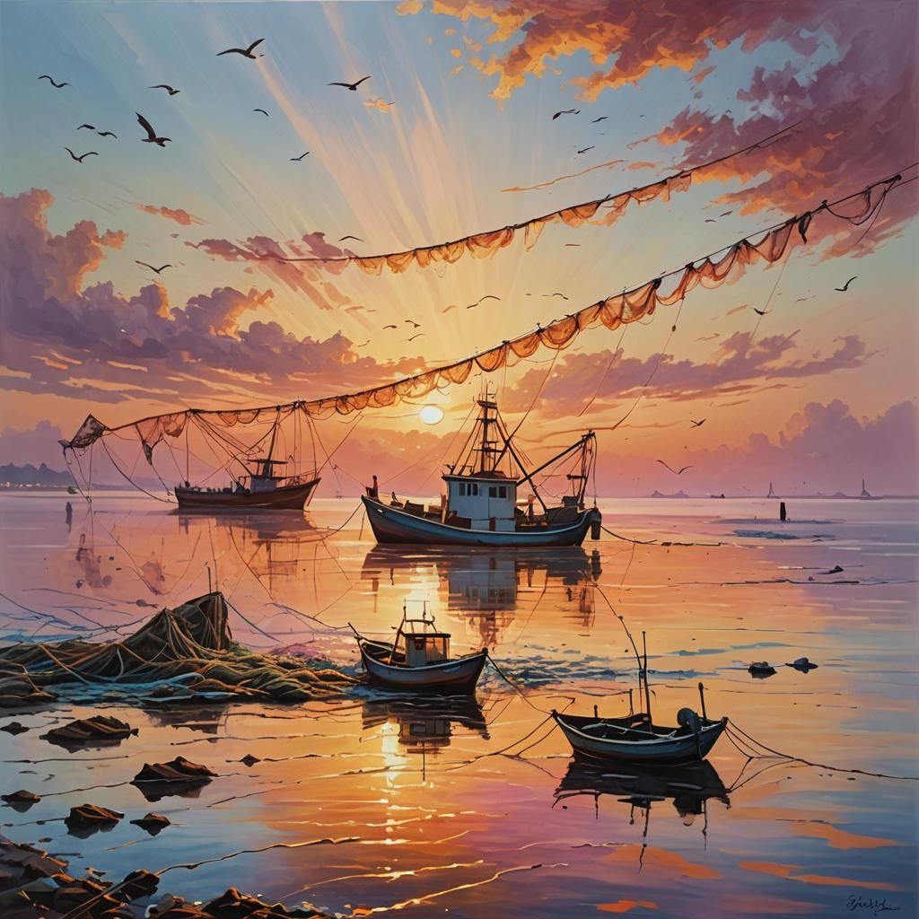 Fishing Boat at Sunrise: Vibrant Oil Painting