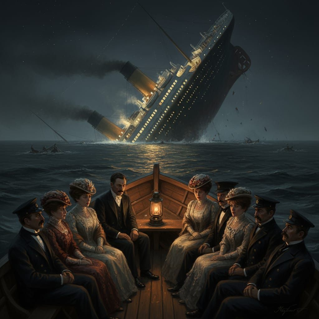 Titanic Sinking Witnessed from Lifeboat in Matte Painting St...
