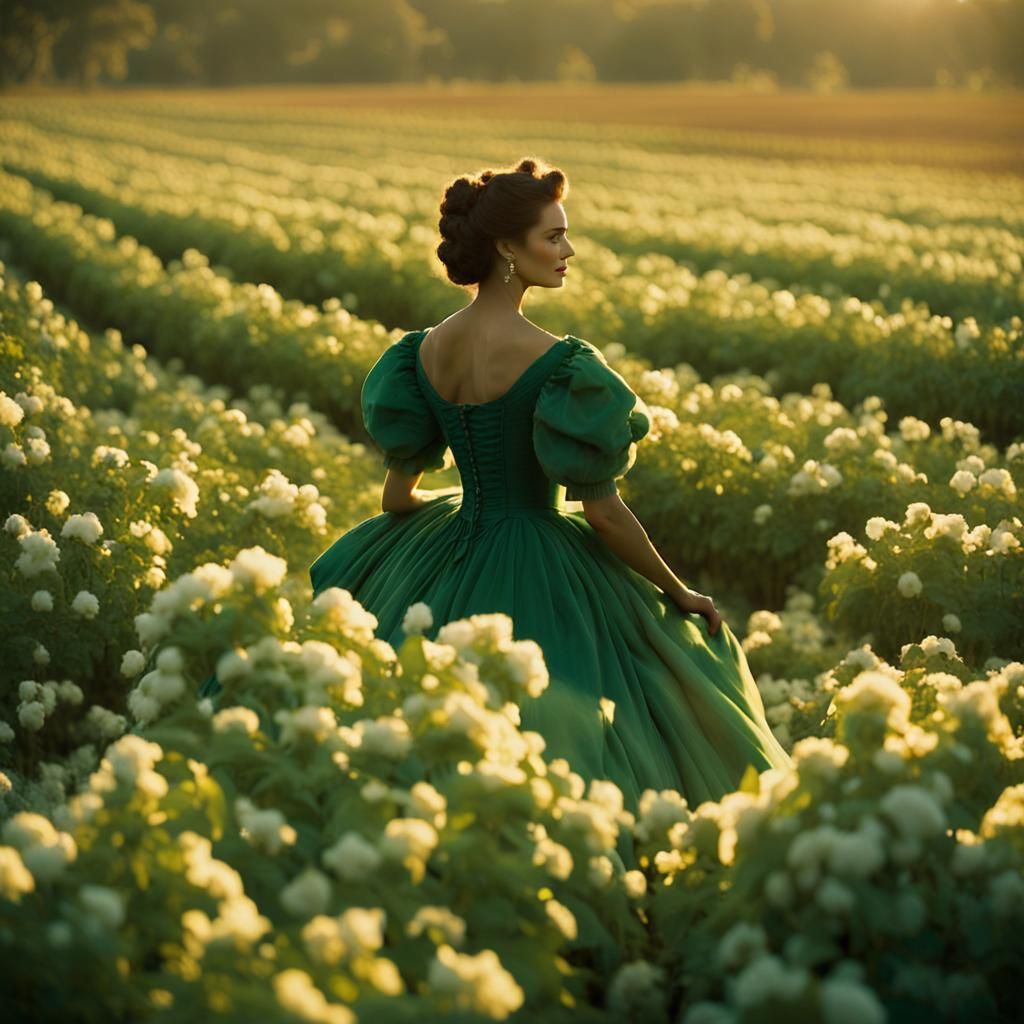 Scarlett O'Hara Gathers Cotton: Cinematic Film Still