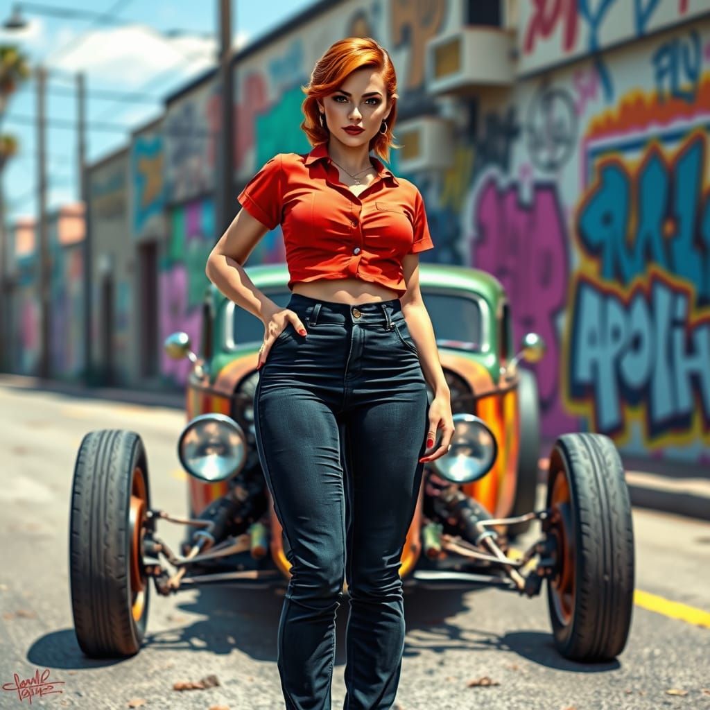 Confident 50s Pinup in Front of Customized Rat Rod