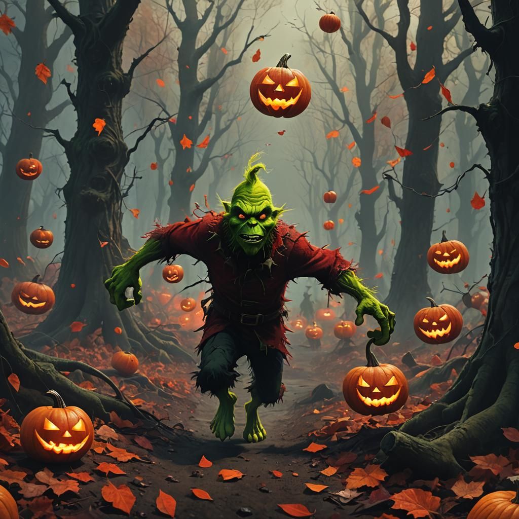 Grinch Throws Pumpkins in Dark Fantasy Forest