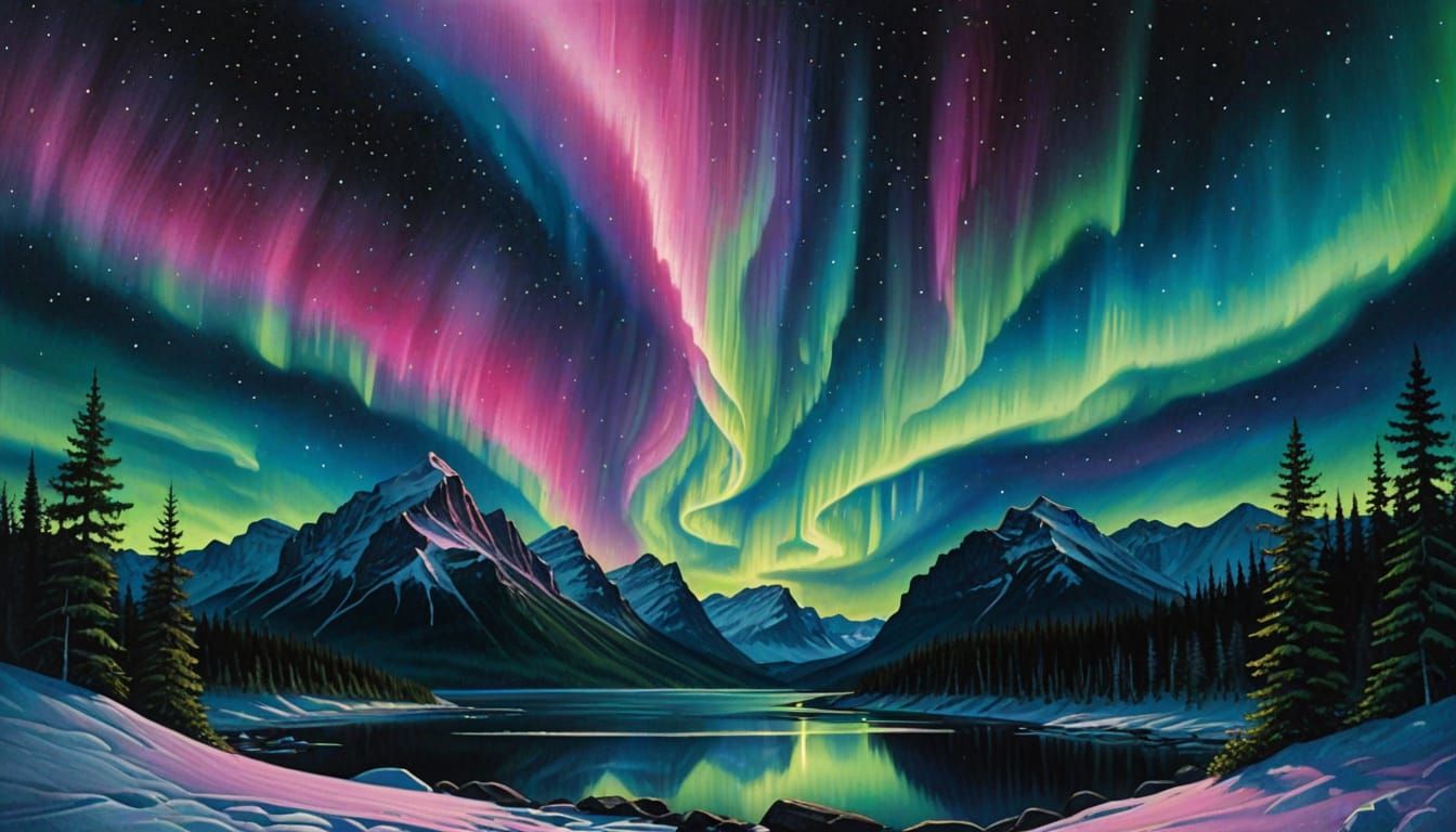Surreal Aurora Borealis in Vibrant Hues Illuminates Dark Voi...