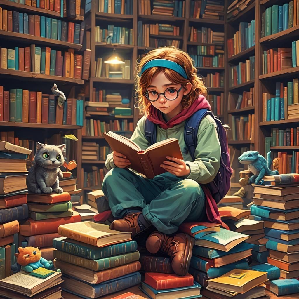Charming Bookworm Immersed in Reading, Fantasy Art