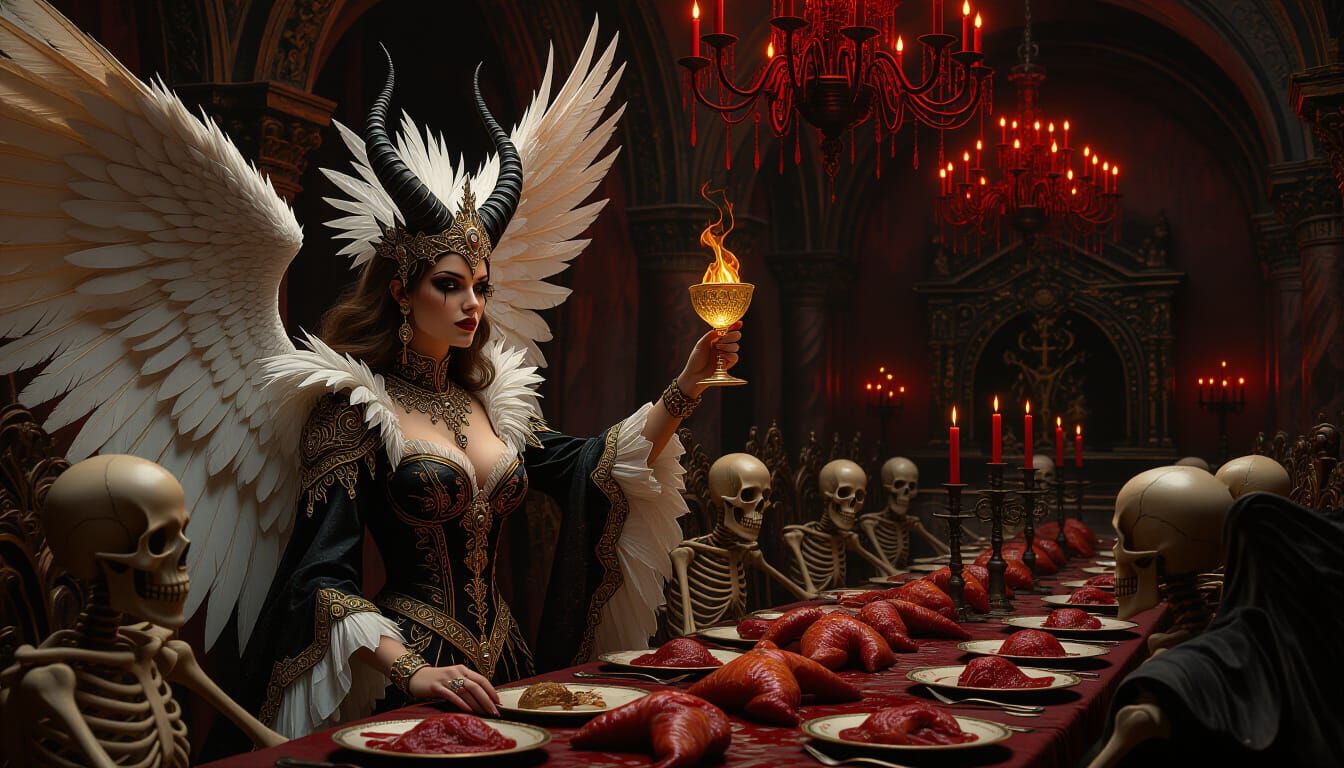 Fallen Angels Feast in Obsidian Hall Under Blood-Red Chandel...