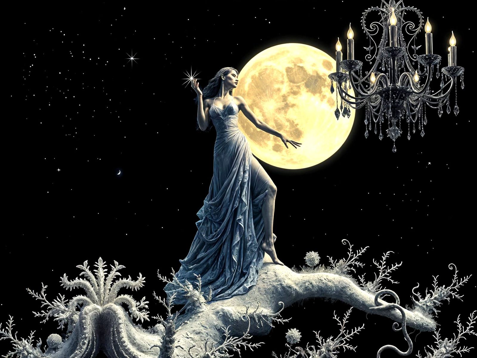 Surreal Supermodel Moon with Botanical Gothic Art