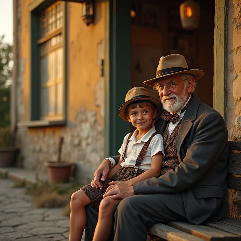Nostalgic Scene of Elderly Man and Boy in Italy