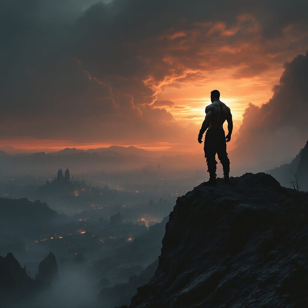 Warrior Silhouette on Ash Mountain Overlooking Ruined City