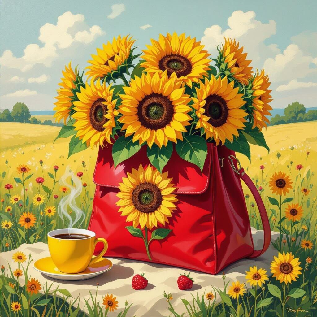 Sunflowers in Red Bag, Impressionistic Still Life