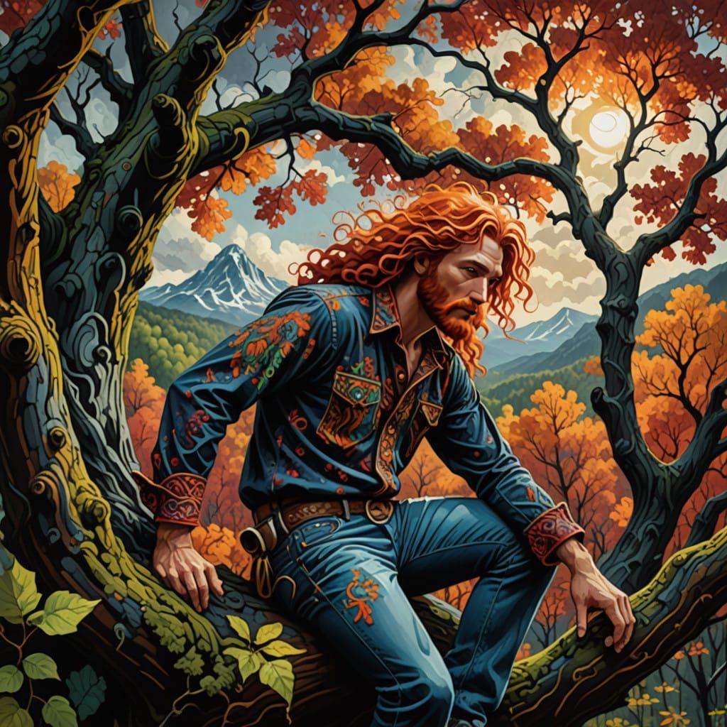 Mountain Hippie Climbs Ancient Oak in Wilderness