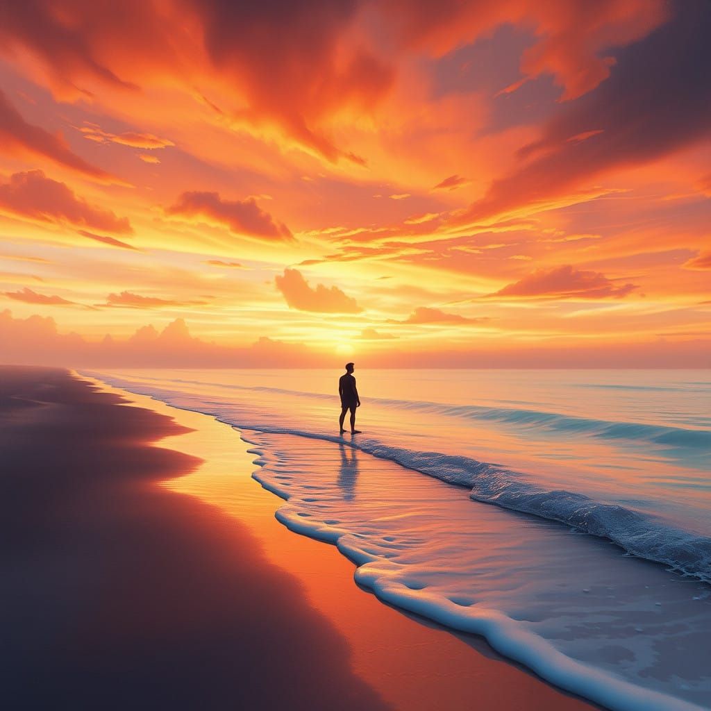 Surreal Beach Scene at Sunset with Watercolor and Matte Pain...