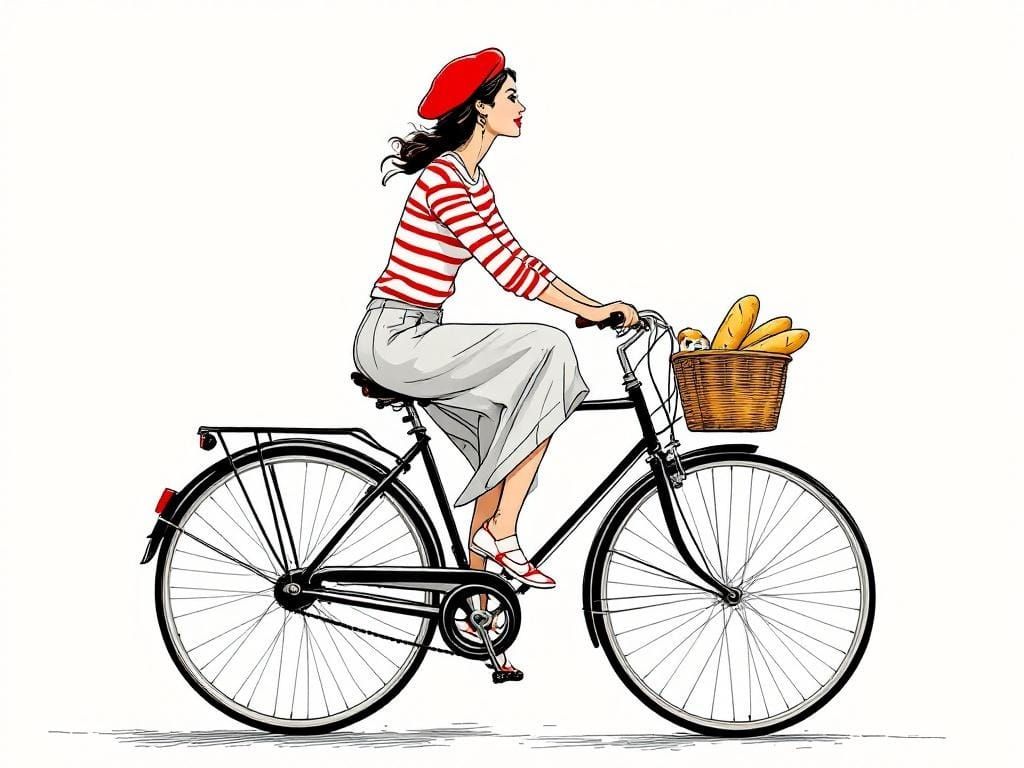 French Woman Rides Bicycle in Minimalist Vector Art