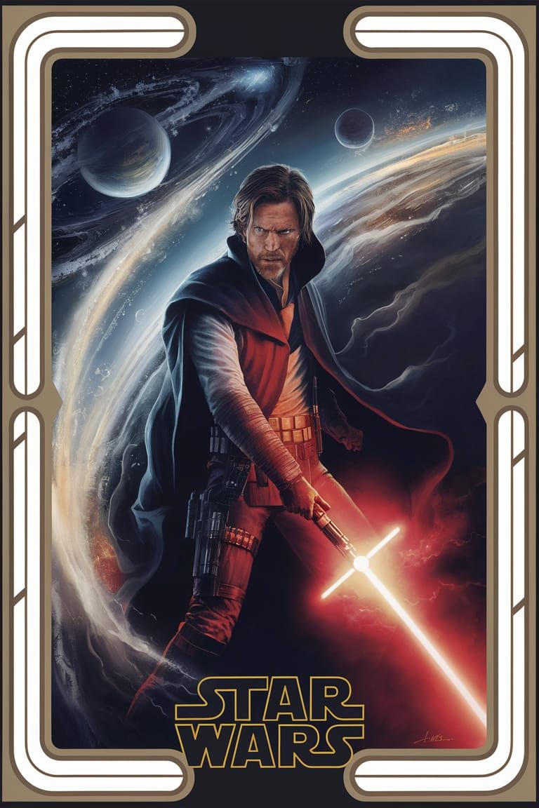 Fierce Jedi Warrior in Celestial Battle Oil Painting