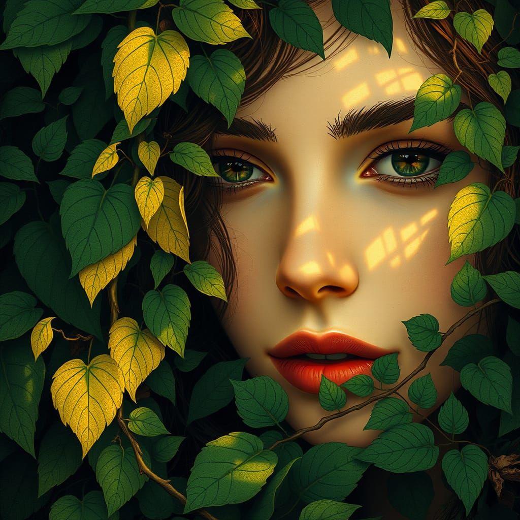 Woman Lost in Lush Foliage, Golden Art Nouveau Style