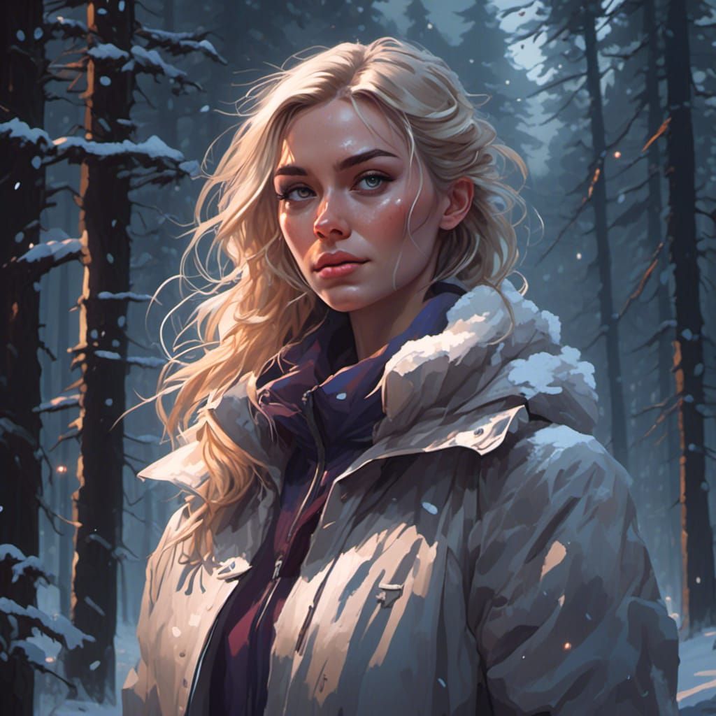 Blonde Woman Portrait in Blizzard, Digital Art