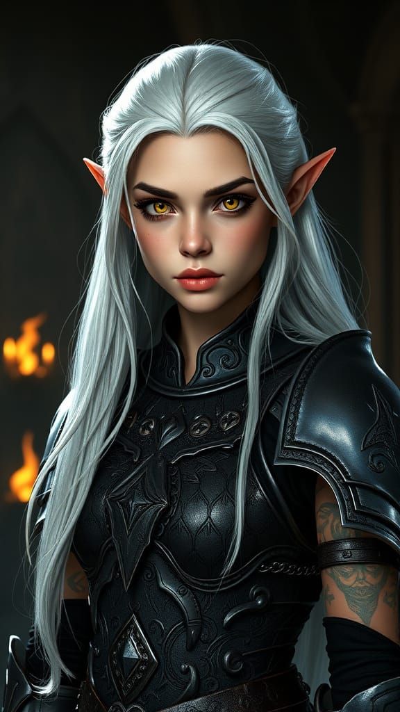 Regal Elf Warrior in Dark Armor, with Golden Eyes and Silver...