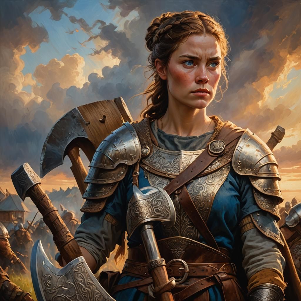 Viking Woman with Axe in Oil Painting Style