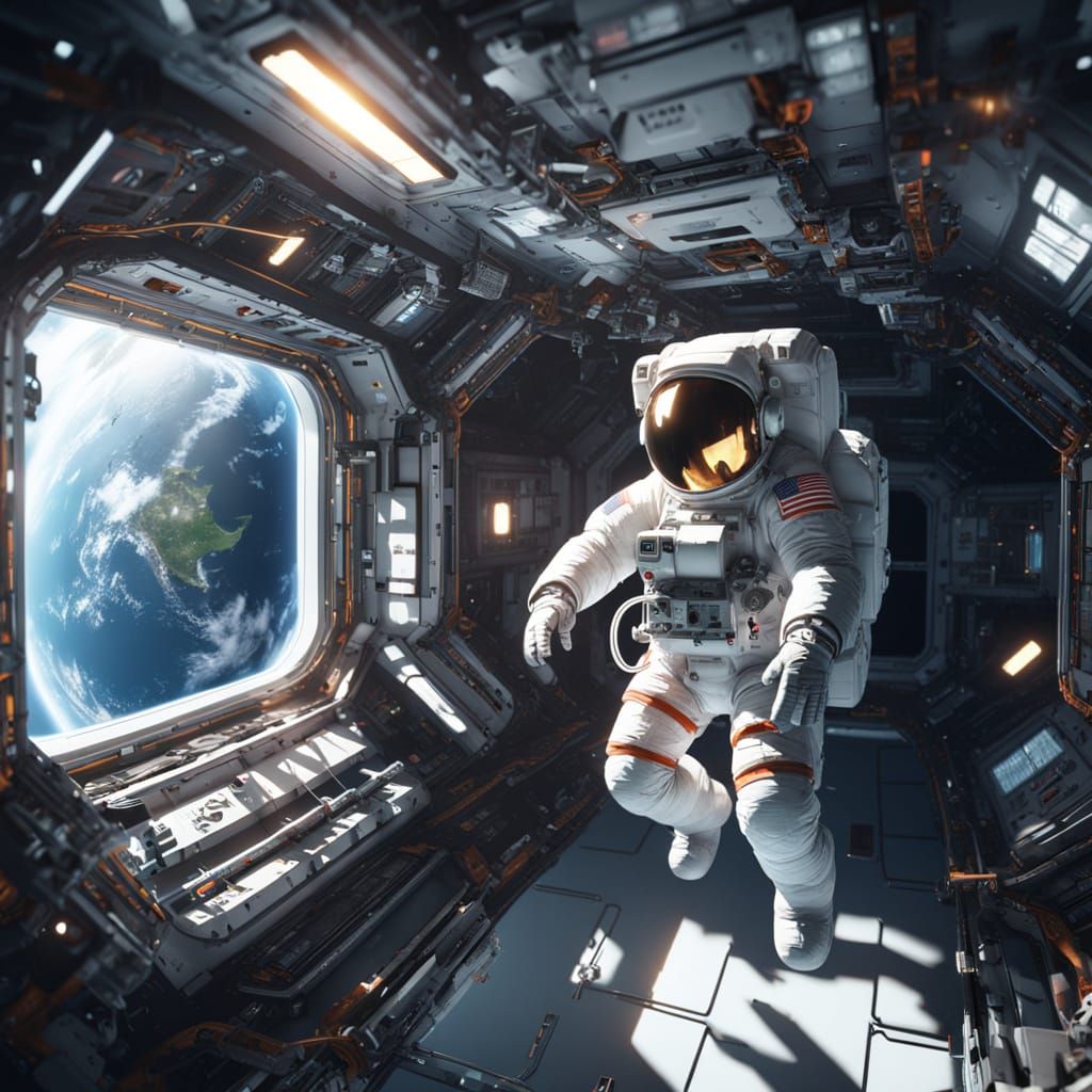 Astronaut Floating in Space Station: 8K Concept Art