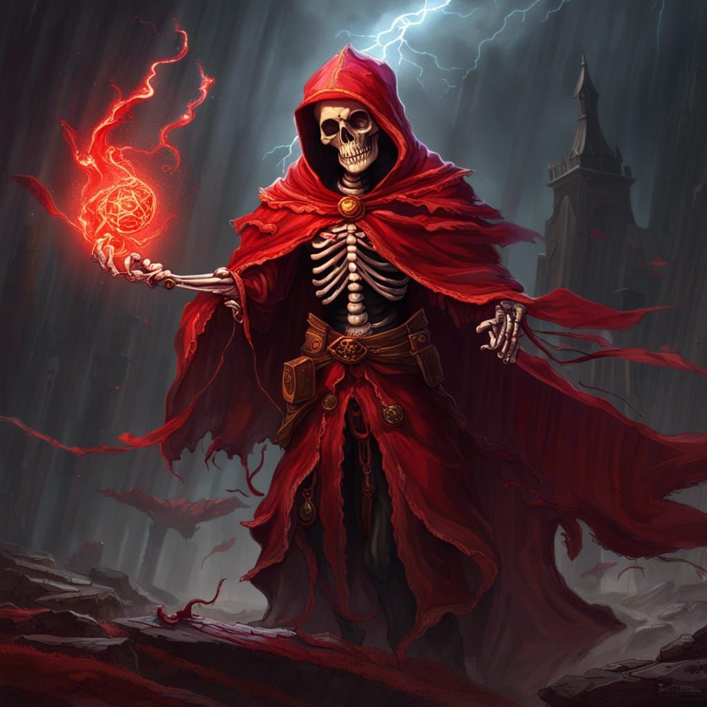 Red Skeleton Mage in Storm, Dark Fantasy Art
