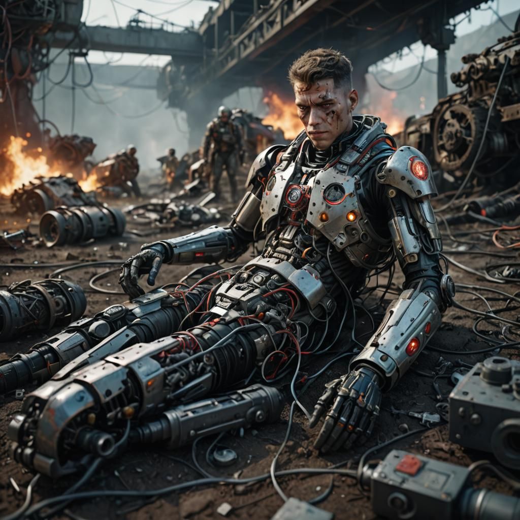 Cyborg Repair on Battlefield: Detailed Matte Painting