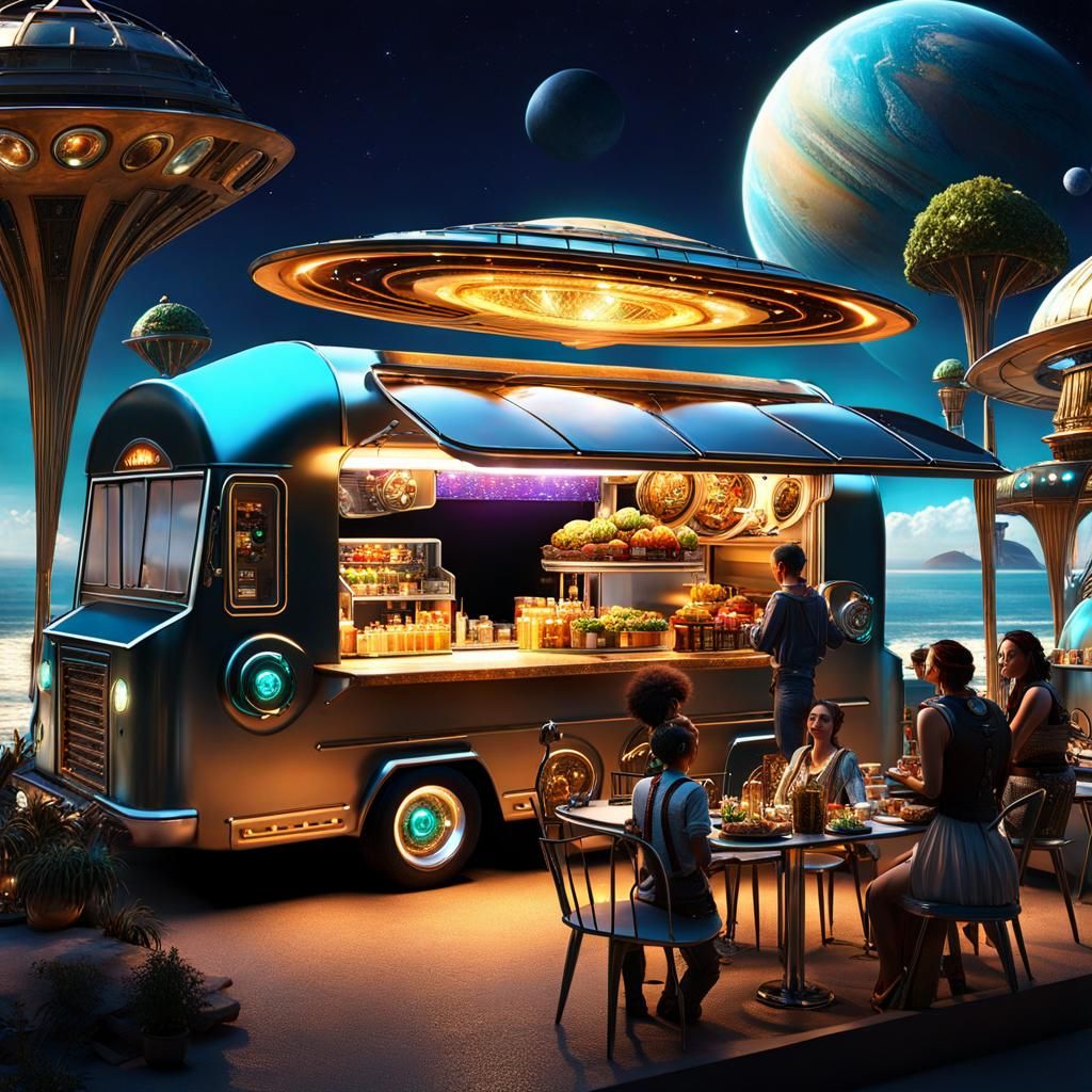 Futuristic Food Truck in Ecosolarpunk Steampunk City