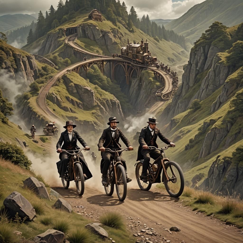 3 victorian steampunk people riding electric mountain bikes on a steep downhill mountain tract