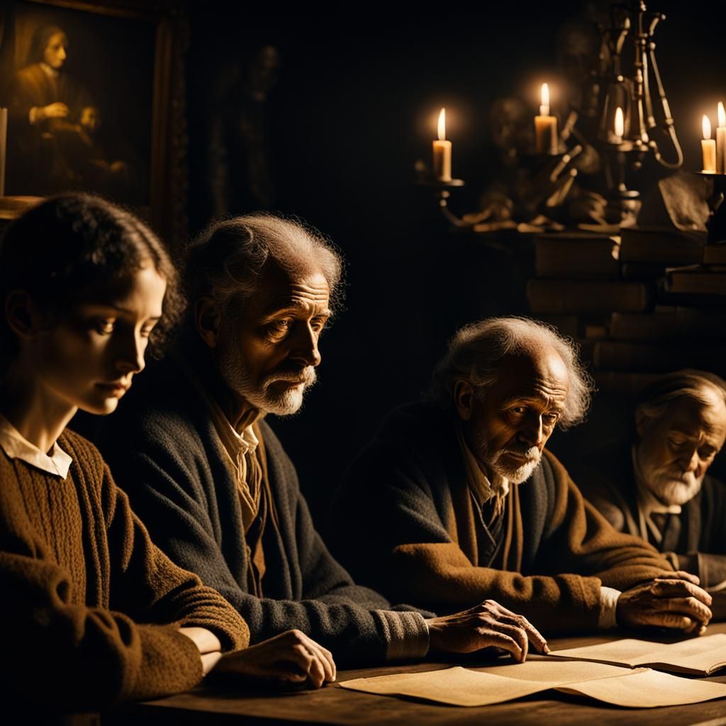 Moody Still Life: Shadowed Figures in Rustic Cabin