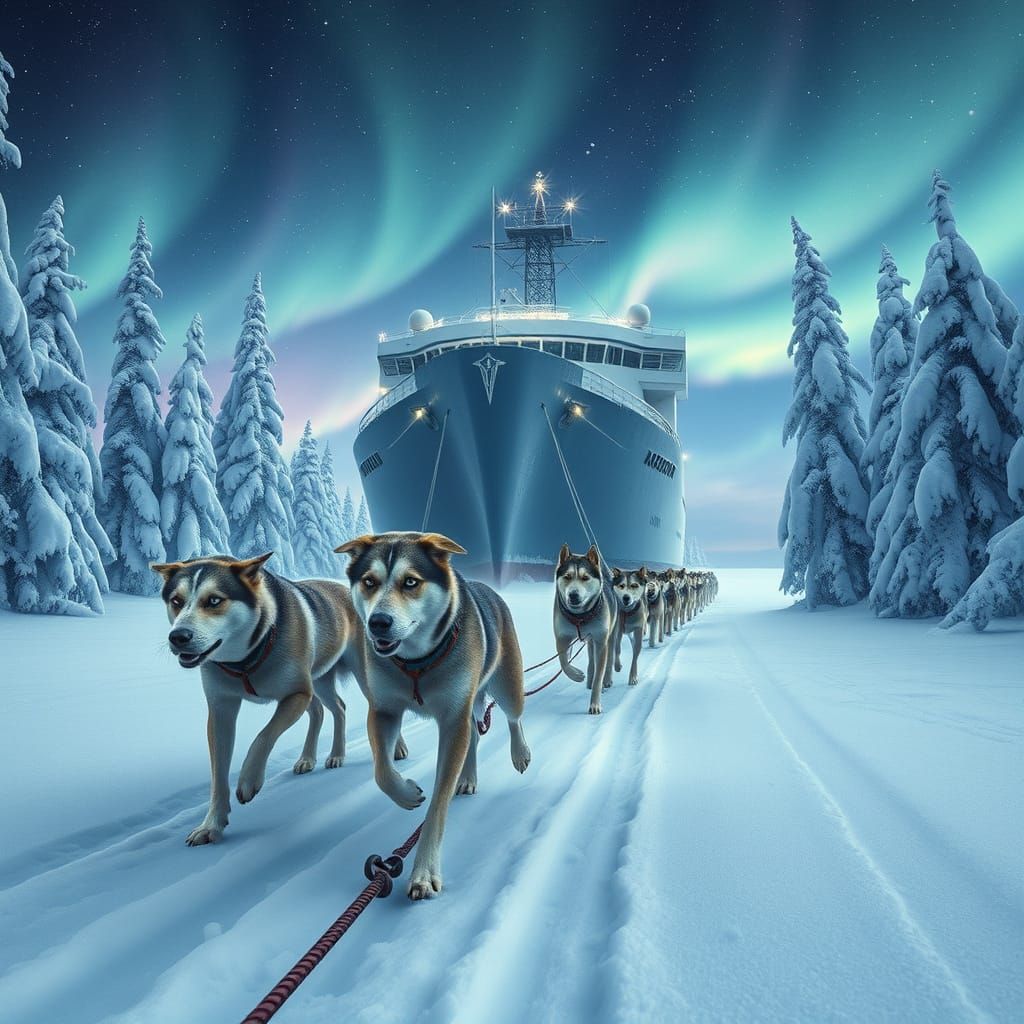 Sledding Dogs Pull Massive Icebreaker Through Snowy Taiga La...