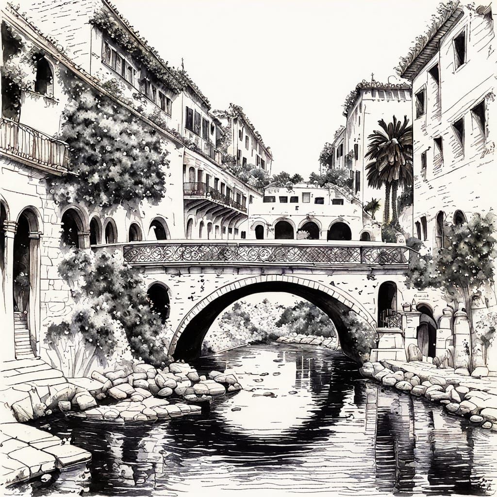 Ornate Mediterranean Bridge in Intricate Pen and Ink Drawing