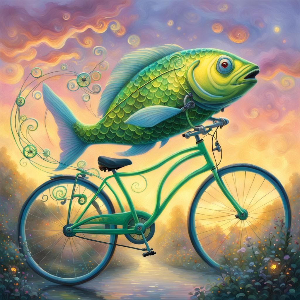 Fish Riding Glowing Bicycle in Sci-Fi Dreamscape