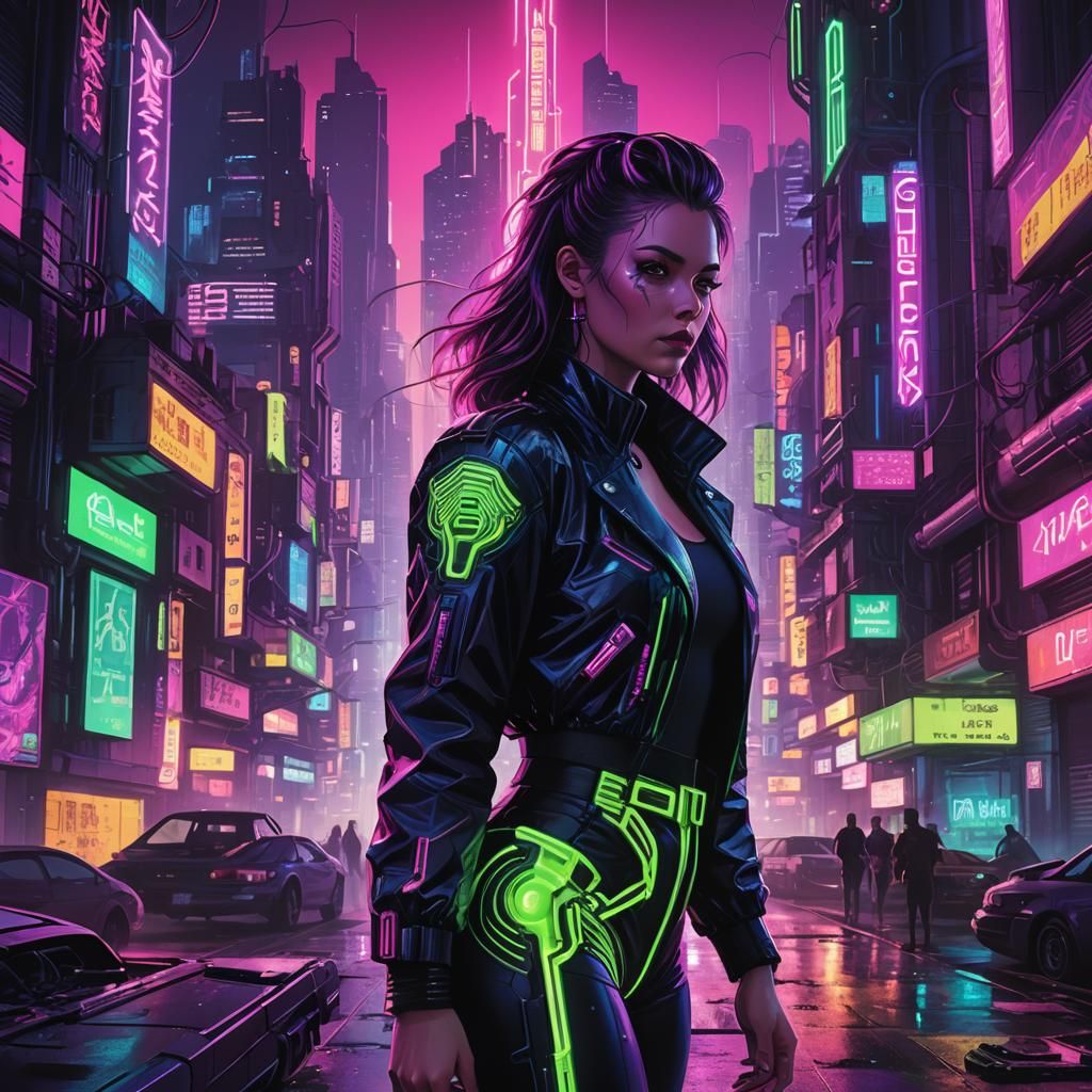 Cyberpunk Femme Fatale in Neon Metropolis