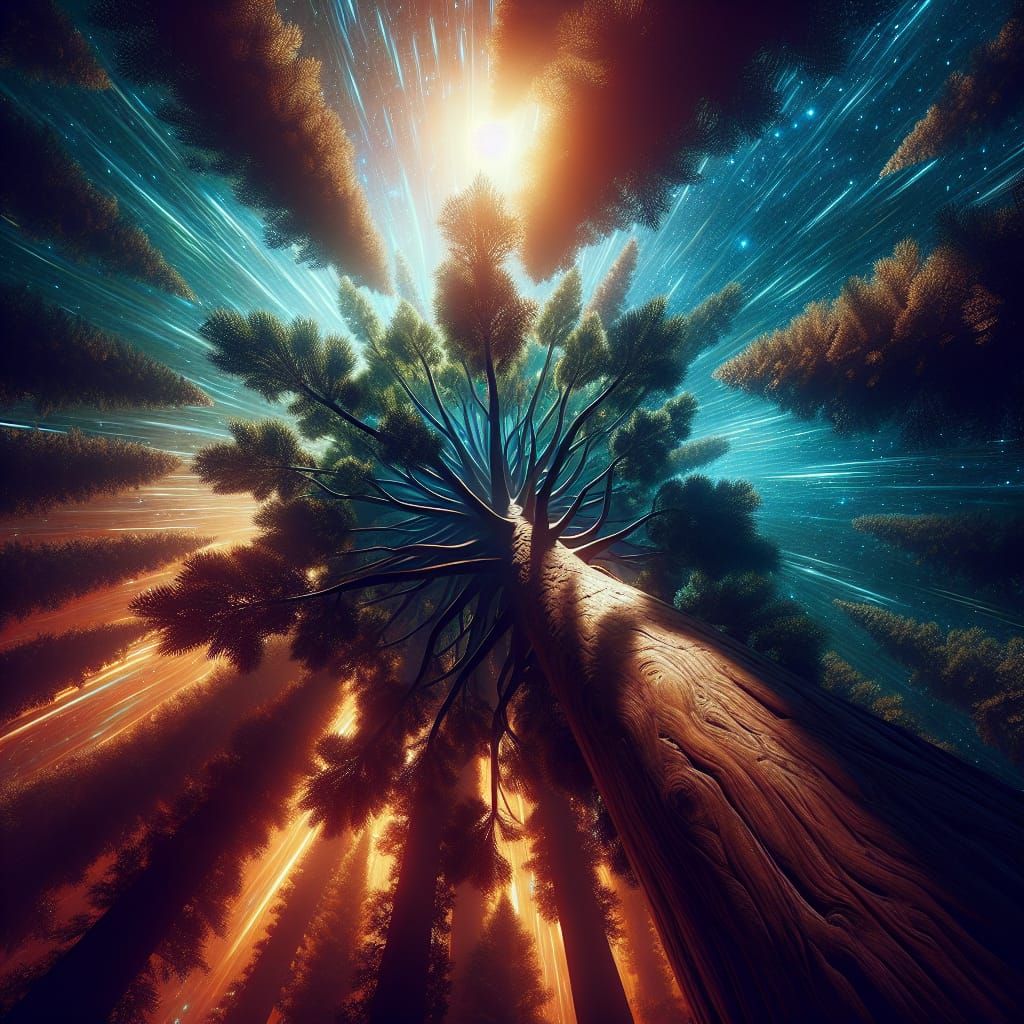 Dramatic Pine Tree Concept Art with Starry Sky