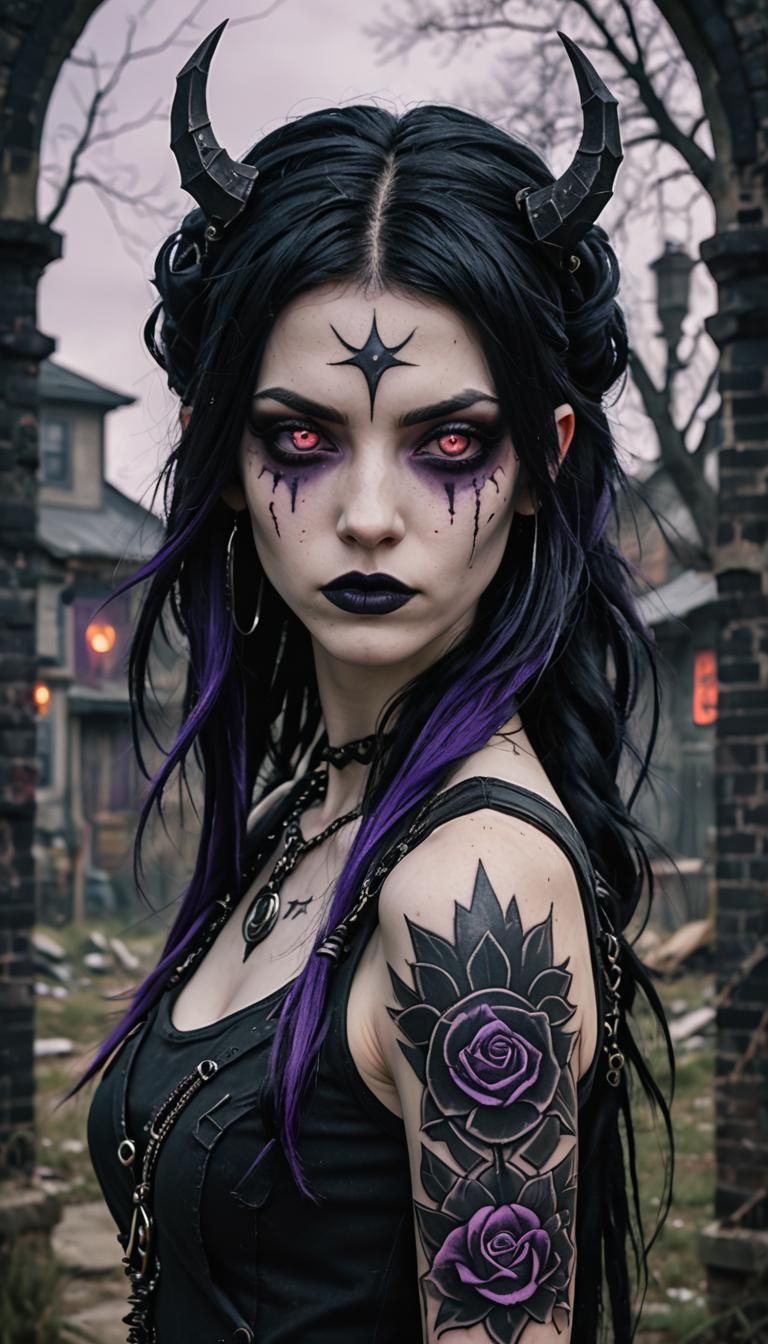 Cybergoth, red threads, midwest gothic, body tattoos, symbol...