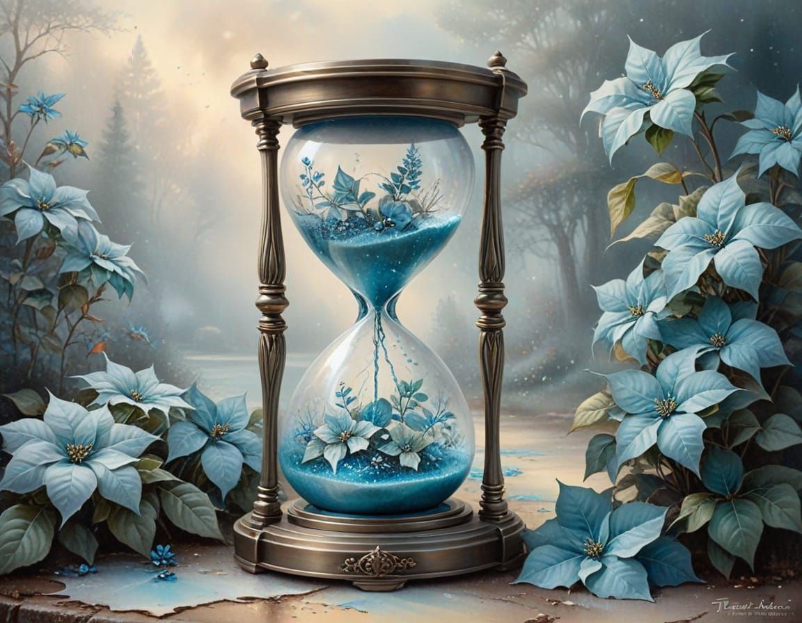 Antique Hourglass with Teal Poinsettias in Watercolour