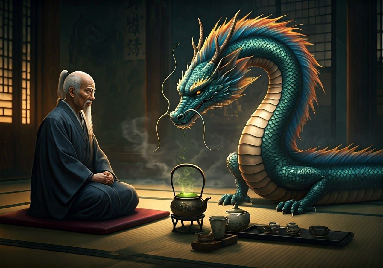 Oriental Sensei and Dragon Prepare Tea