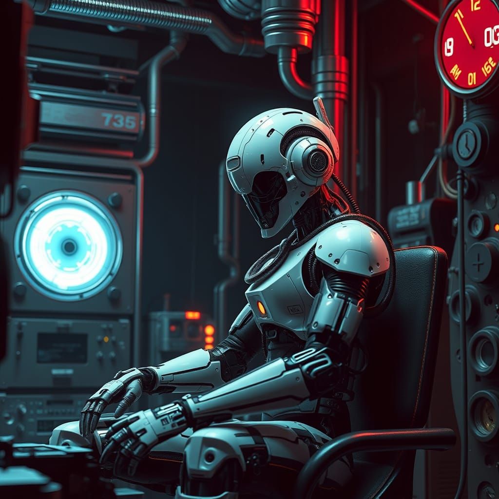 Cyborg in Dimly Lit Futuristic Laboratory