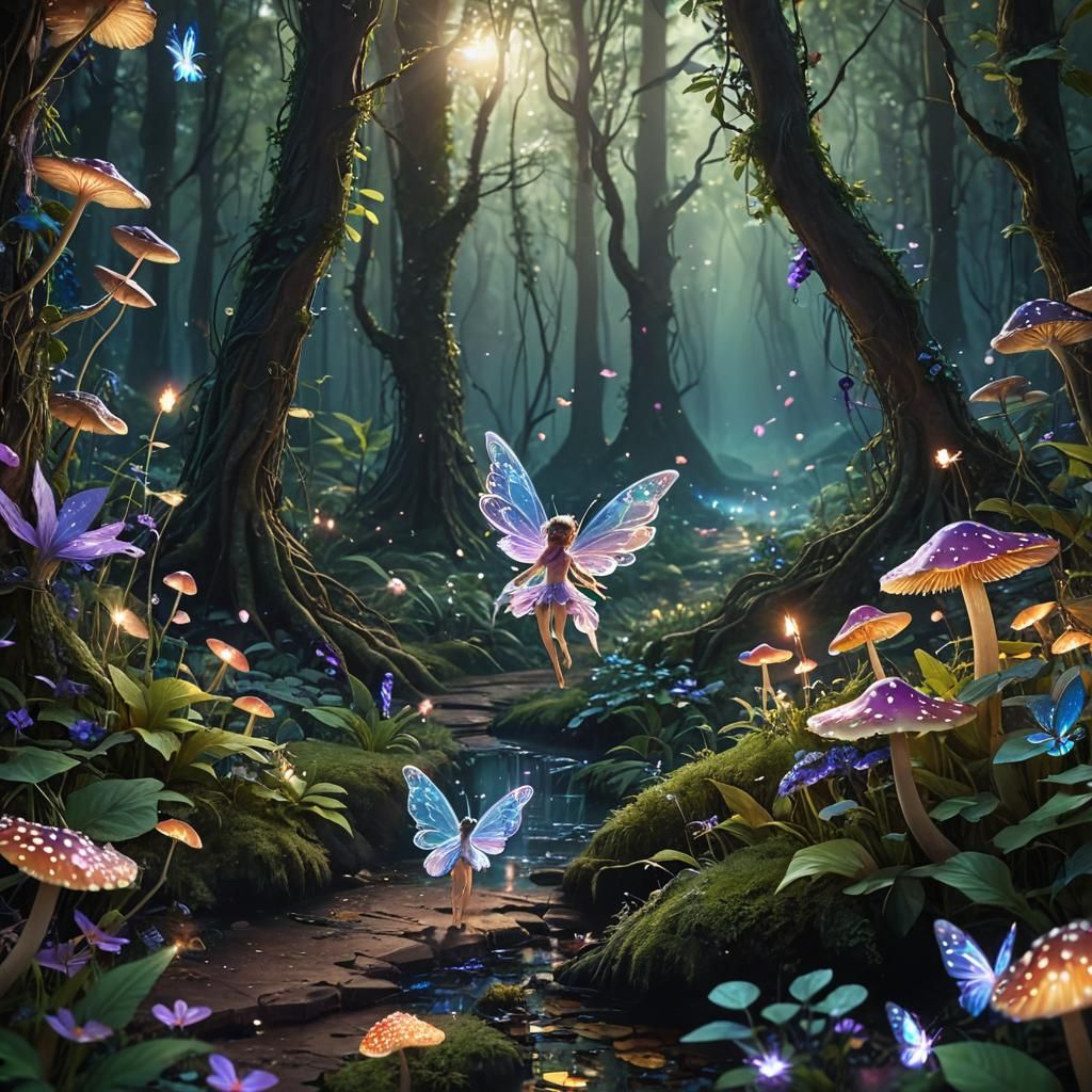 Enchanted Forest Landscape with Shimmering Fairies