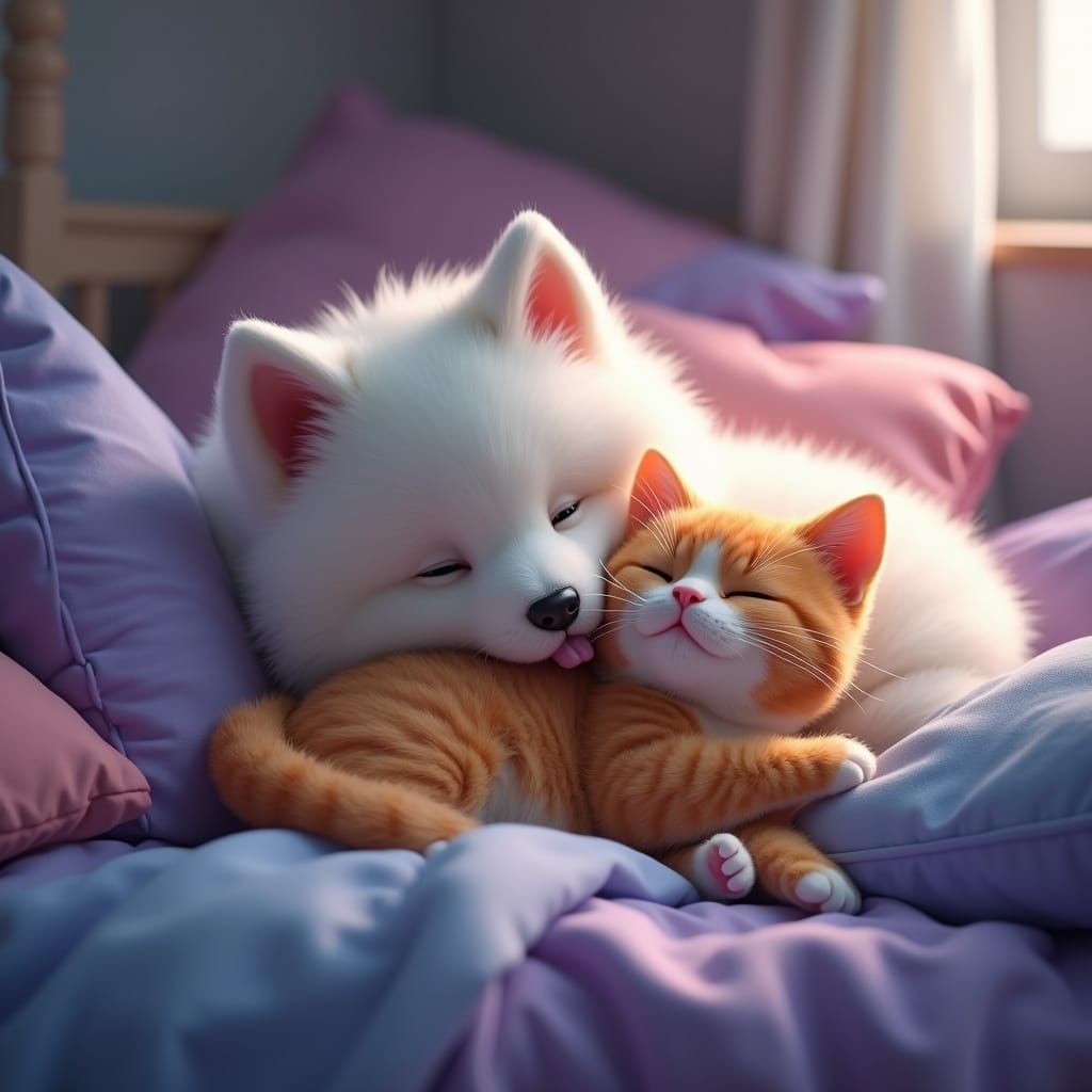 Whimsical White German Spitz and Ginger Cat Snuggle Scene
