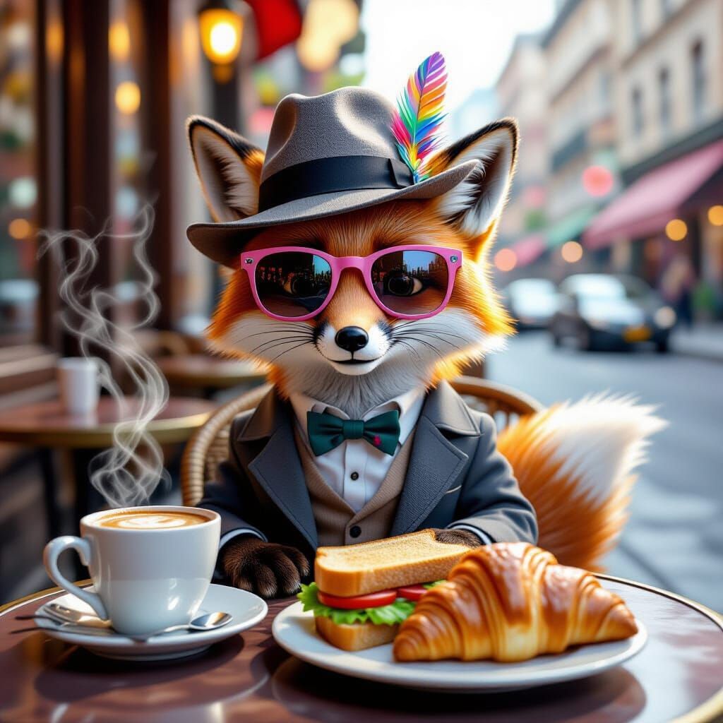Fox in Sunglasses at Cafe, Photorealistic Style