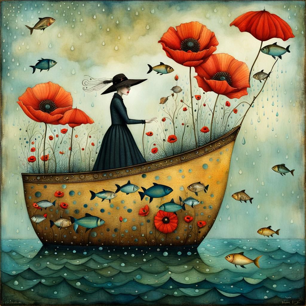 Whimsical Ocean Lady with Poppies in Watercolor