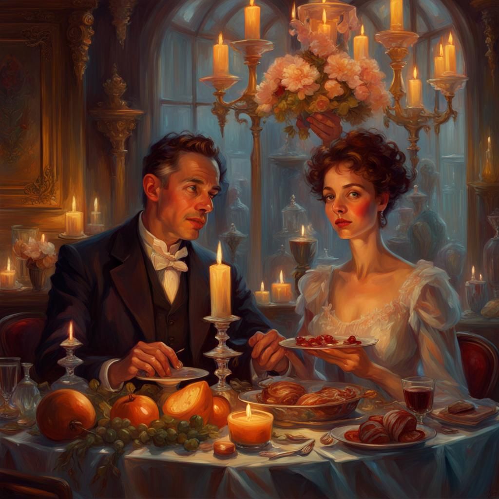 Edwardian Couple at Candlelit Dinner, Oil Painting